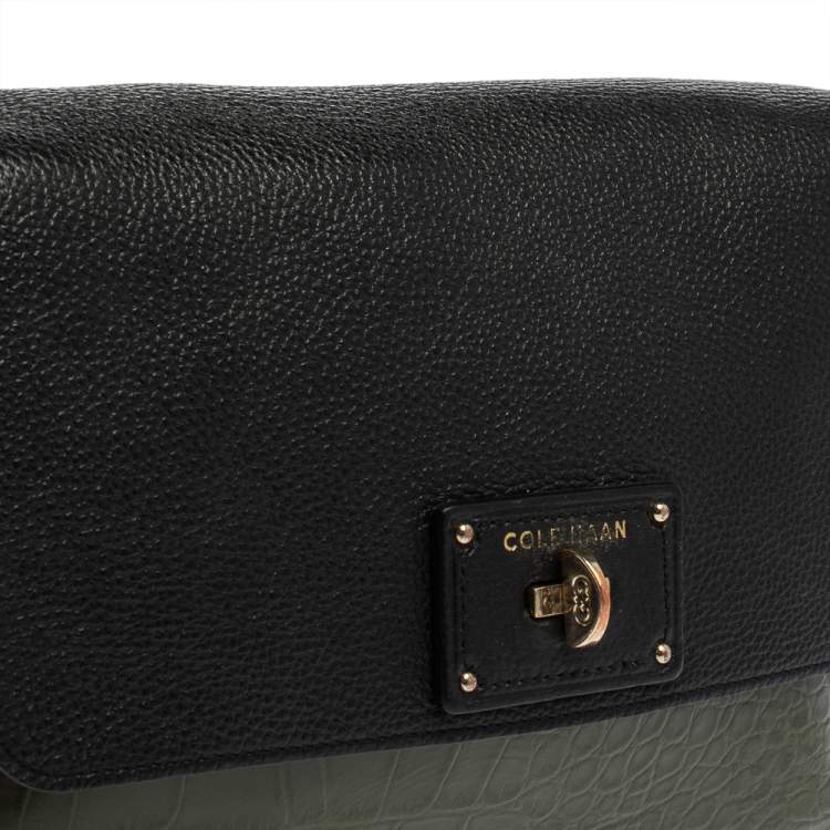 Pre Owned Cole Haan Green/Black Leather and Croc Embossed Leather Flap Shoulder Bag