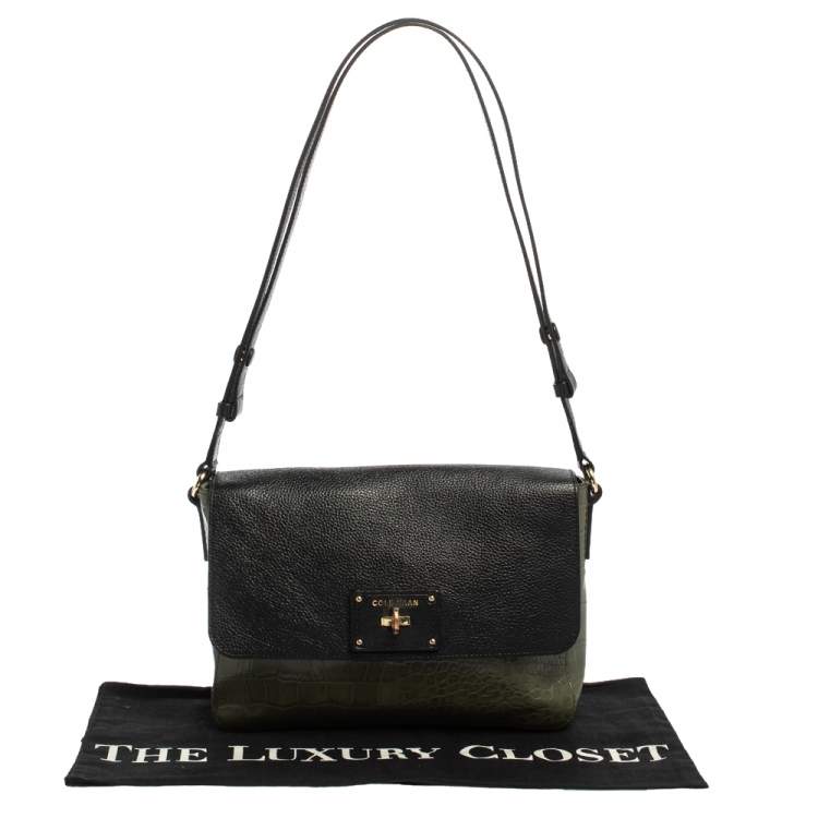 Pre Owned Cole Haan Green/Black Leather and Croc Embossed Leather Flap Shoulder Bag