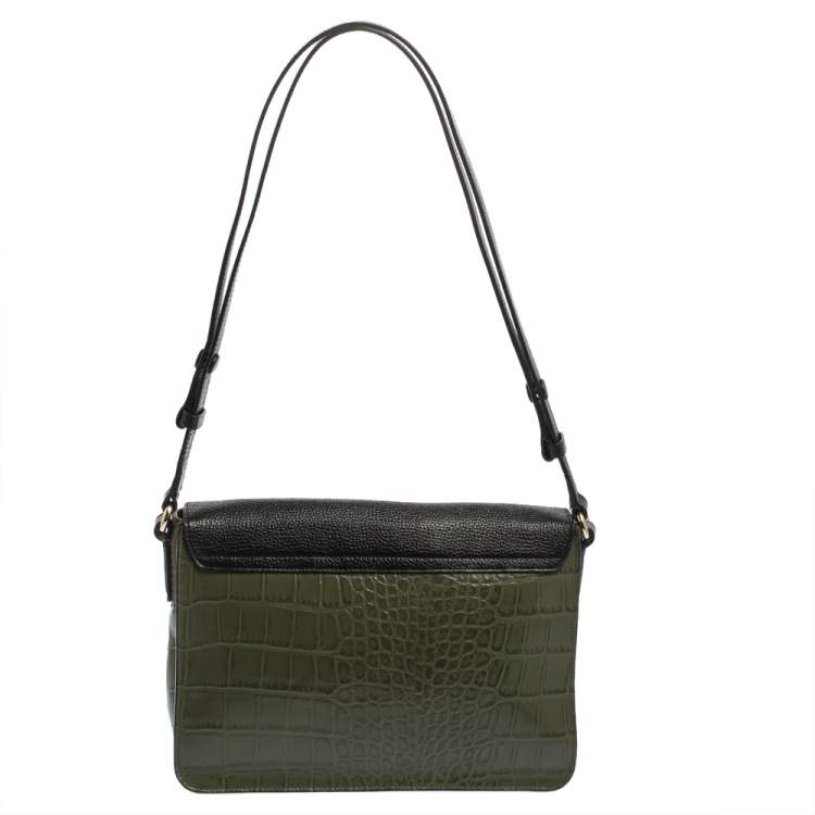 Pre Owned Cole Haan Green/Black Leather and Croc Embossed Leather Flap Shoulder Bag