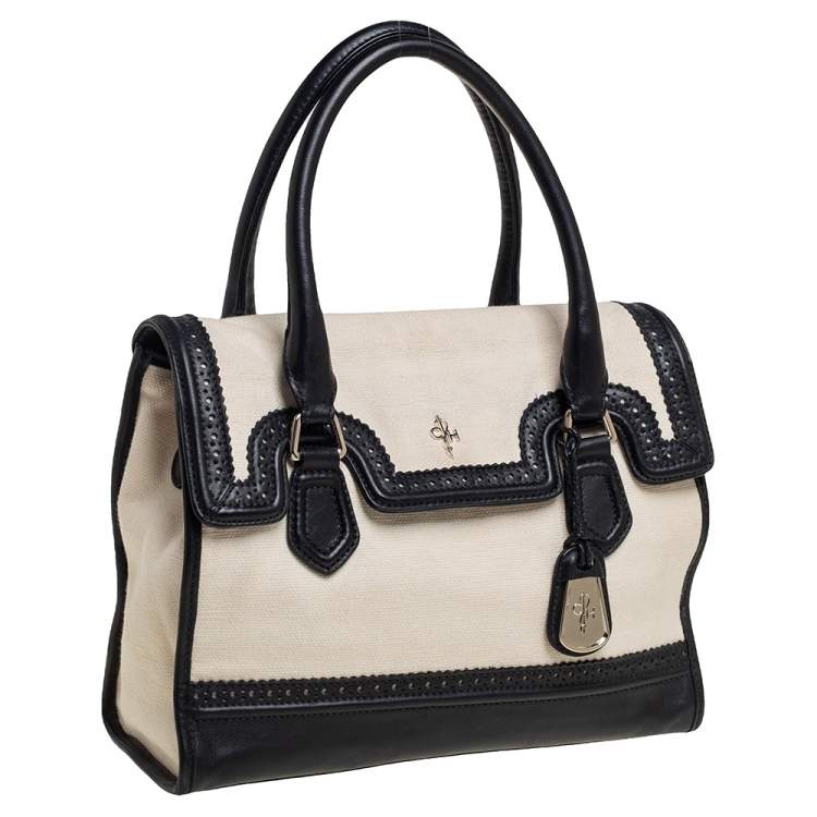 Pre Owned Cole Haan Cream/Black Canvas And Wingtip Leather Flap Brooke Tote 