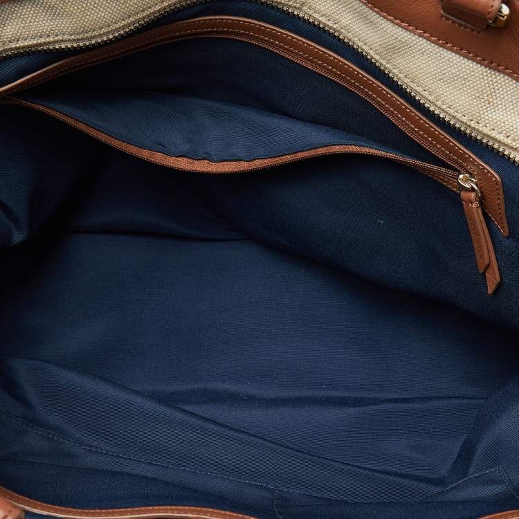 Pre Owned Cole Haan Beige/Brown Canvas And Leather Tote