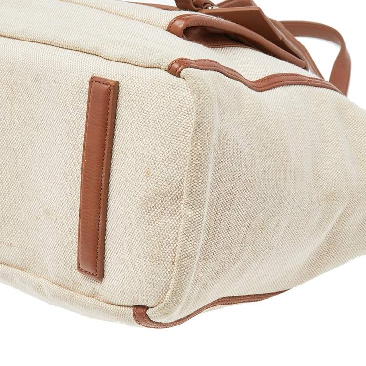 Pre Owned Cole Haan Beige/Brown Canvas And Leather Tote
