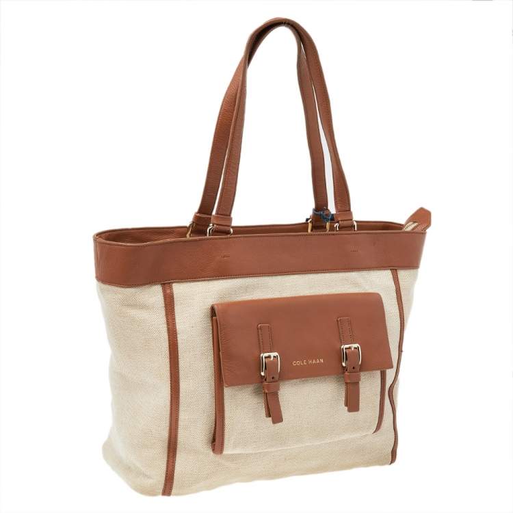 Pre Owned Cole Haan Beige/Brown Canvas And Leather Tote