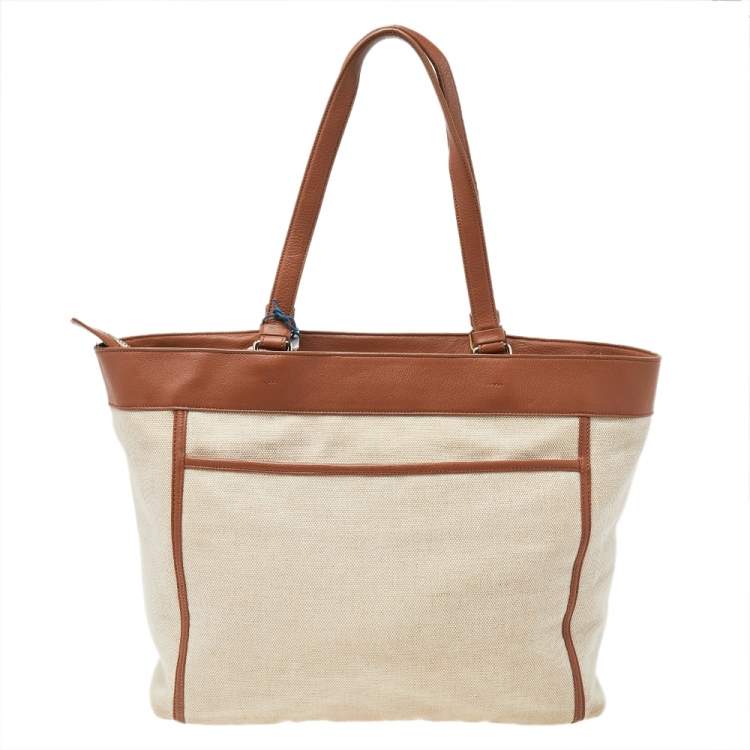 Pre Owned Cole Haan Beige/Brown Canvas And Leather Tote