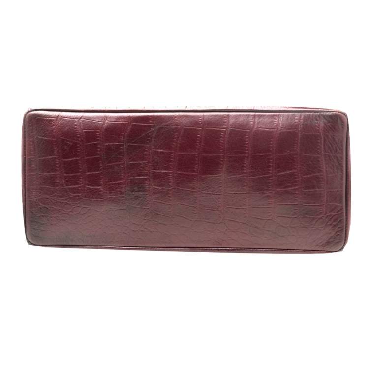 Pre Owned Cole Haan Burgundy Croc Embossed Leather Braided Handle Tote