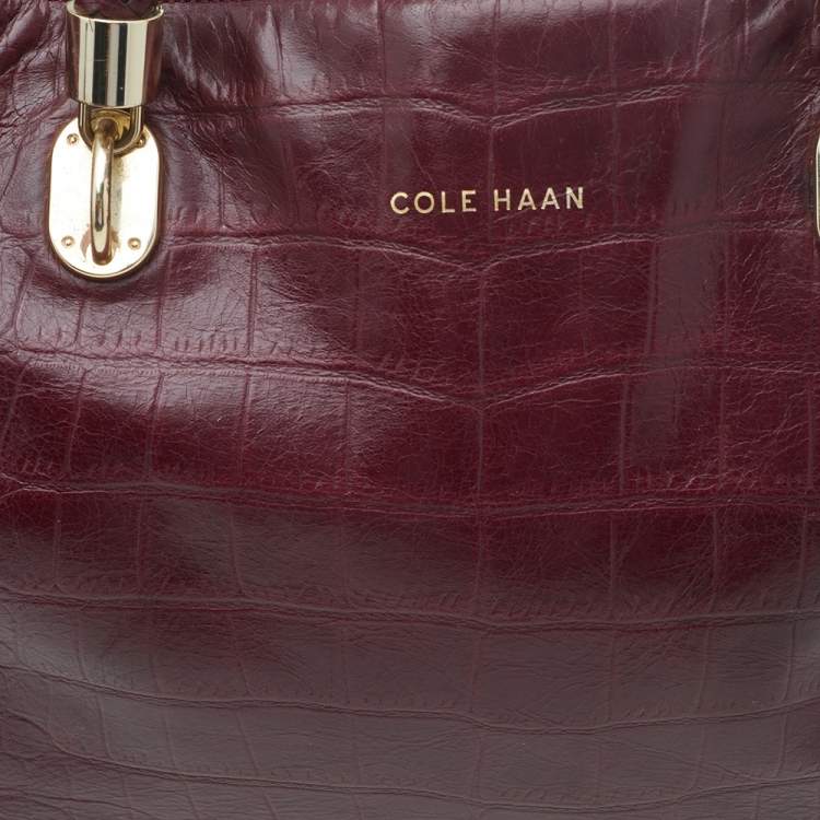 Pre Owned Cole Haan Burgundy Croc Embossed Leather Braided Handle Tote