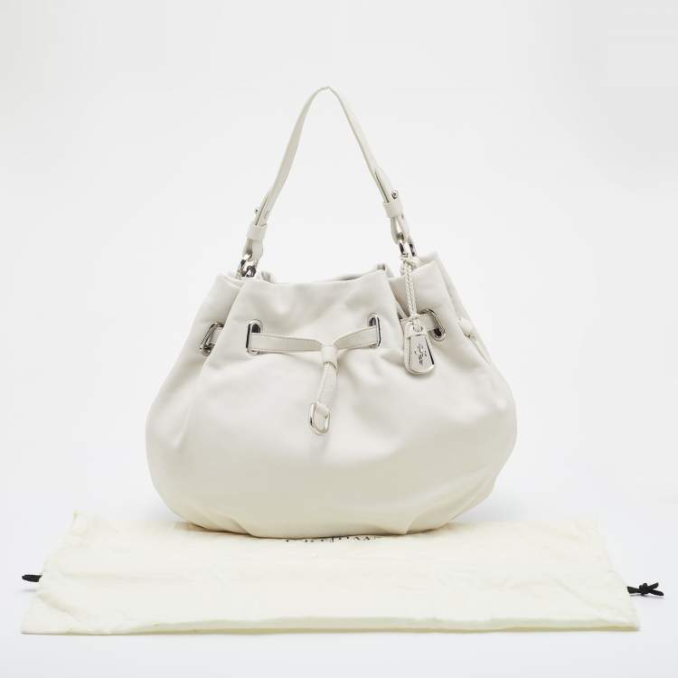 Pre Owned Cole Haan White Leather Drawstring Bucket Bag   