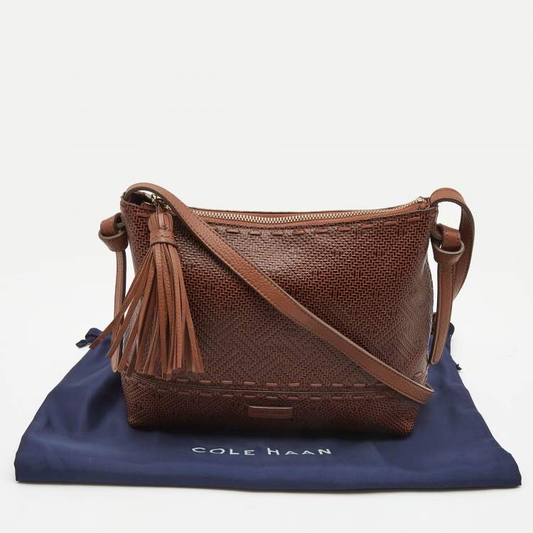 Pre Owned Cole Haan Brown Woven Leather Tassel Crossbody Bag