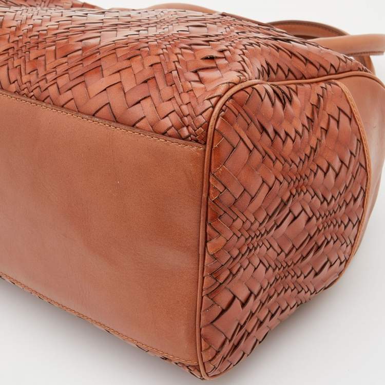 Pre Owned Cole Haan Tan Woven Leather Boston Bag