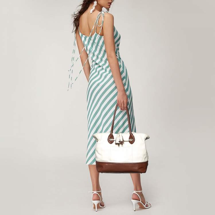 Pre Owned Cole Haan White/Brown Leather Reiley Tassel Tote
