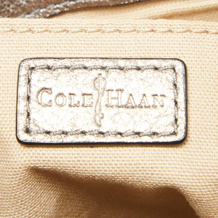 Pre Owned Cole Haan Metallic Grey Leather Flap Zip Round Crossbody Bag