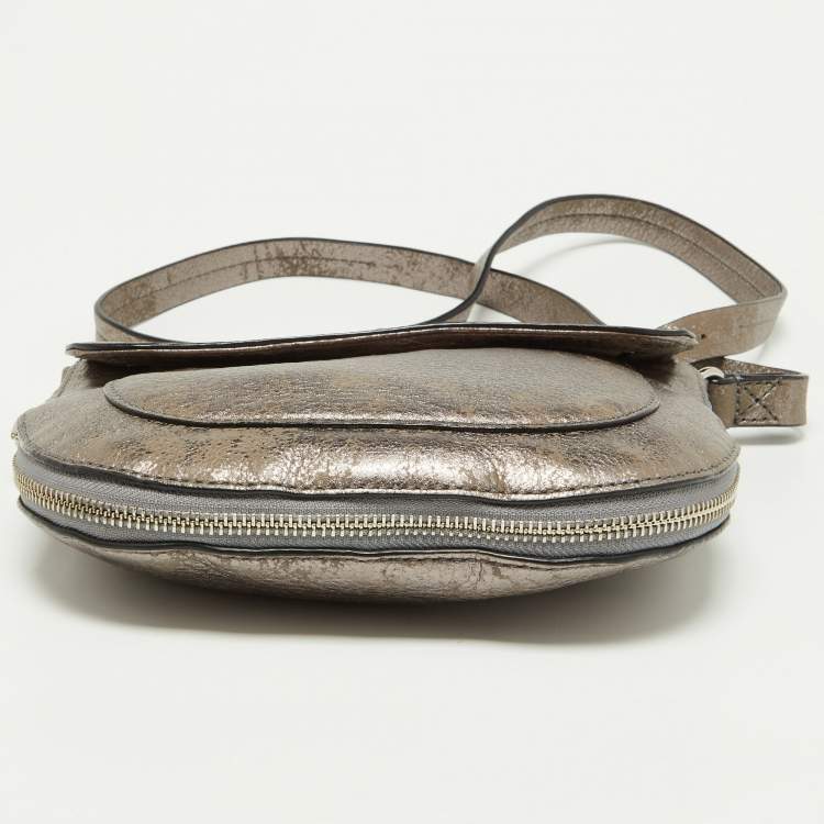Pre Owned Cole Haan Metallic Grey Leather Flap Zip Round Crossbody Bag
