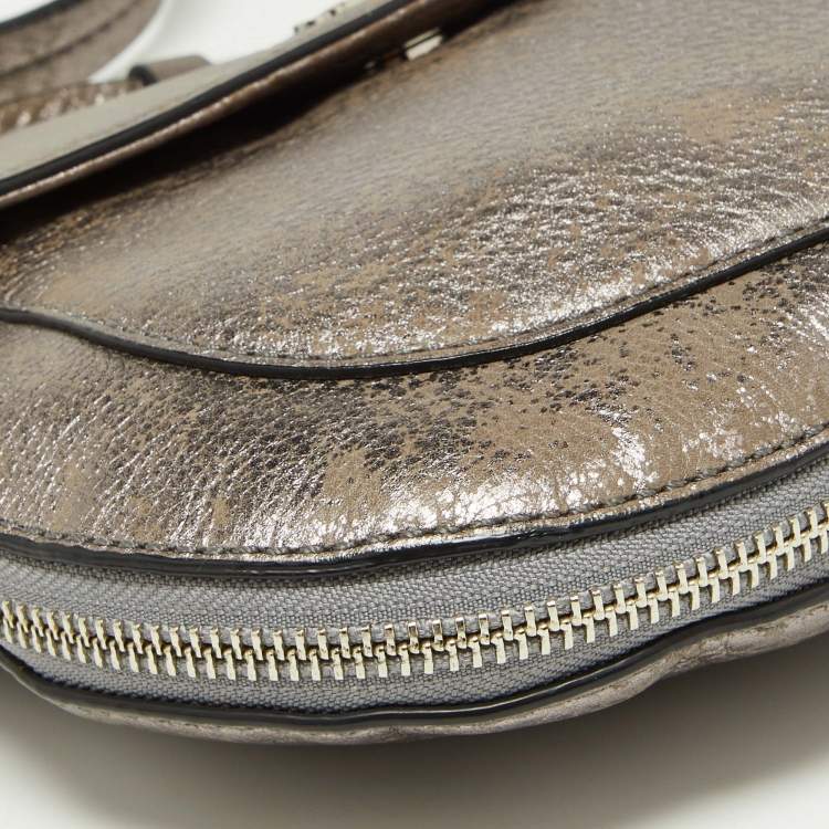 Pre Owned Cole Haan Metallic Grey Leather Flap Zip Round Crossbody Bag