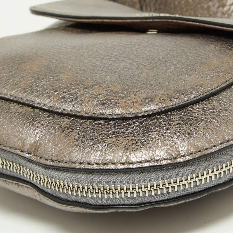 Pre Owned Cole Haan Metallic Grey Leather Flap Zip Round Crossbody Bag