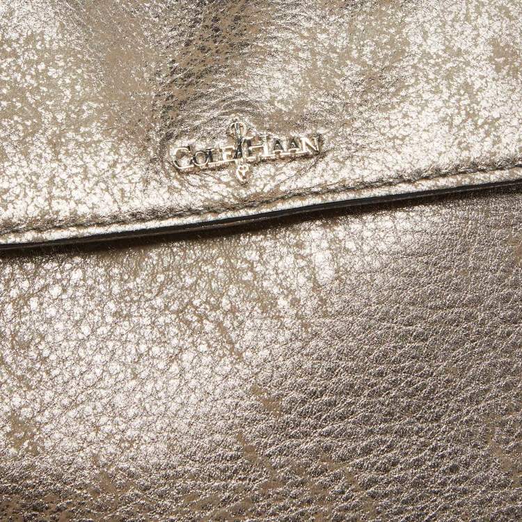 Pre Owned Cole Haan Metallic Grey Leather Flap Zip Round Crossbody Bag