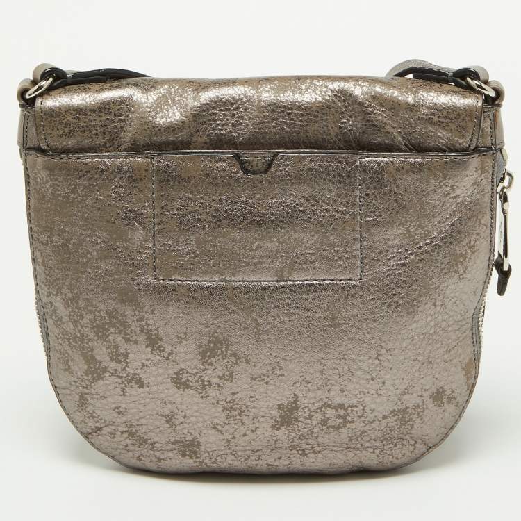 Pre Owned Cole Haan Metallic Grey Leather Flap Zip Round Crossbody Bag