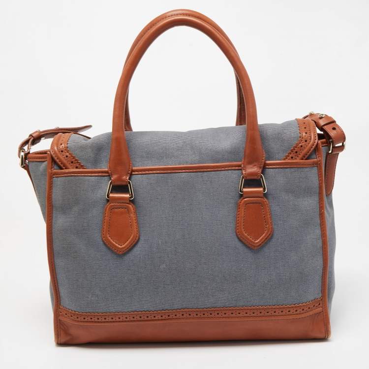 Pre Owned Cole Haan Blue/Tan Denim and Leather Flap Brooke Tote 