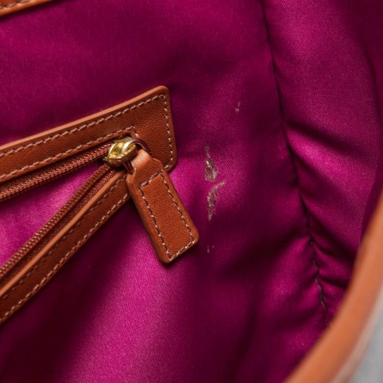 Pre Owned Cole Haan Blue/Tan Denim and Leather Flap Brooke Tote 