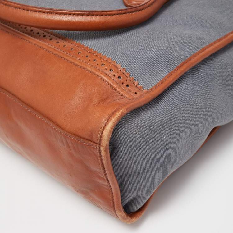 Pre Owned Cole Haan Blue/Tan Denim and Leather Flap Brooke Tote 