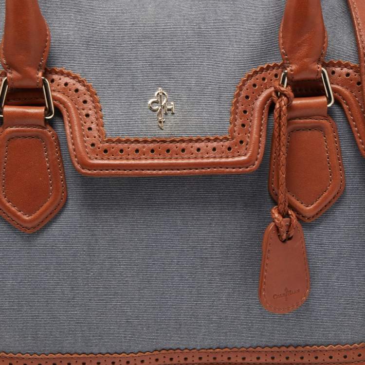 Pre Owned Cole Haan Blue/Tan Denim and Leather Flap Brooke Tote 