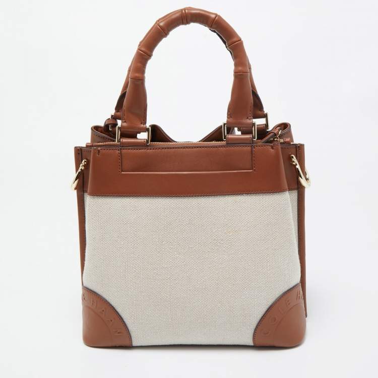Pre Owned Cole Haan Beige/Tan Canvas and Leather Drawstring Bag
