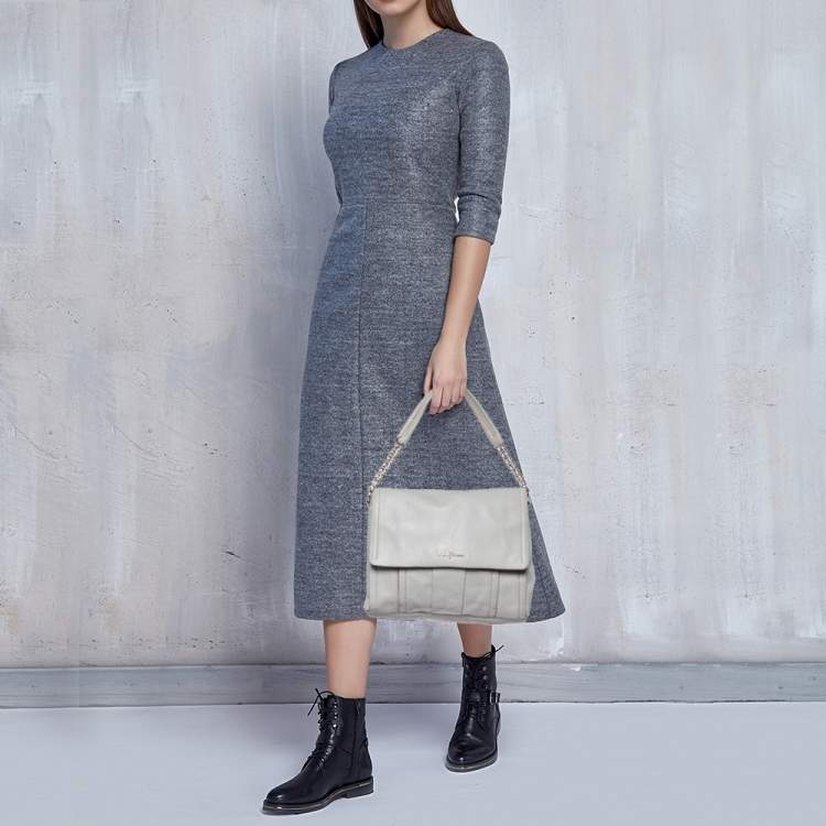 Pre Owned Cole Haan Grey Pleated Leather Flap Chain Bag