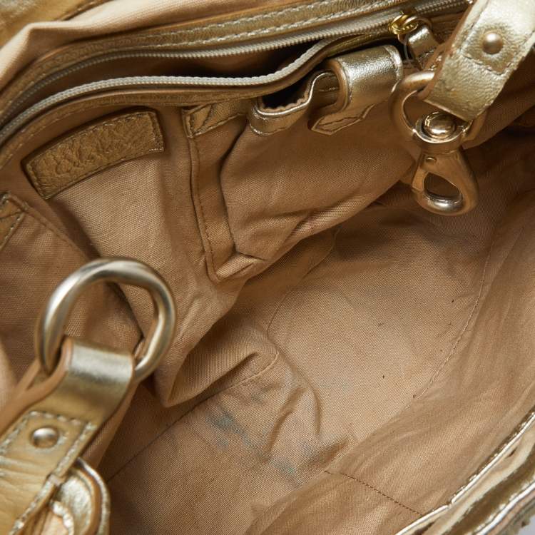 Pre Owned Cole Haan Beige/Gold Woven Canvas and Leather Satchel