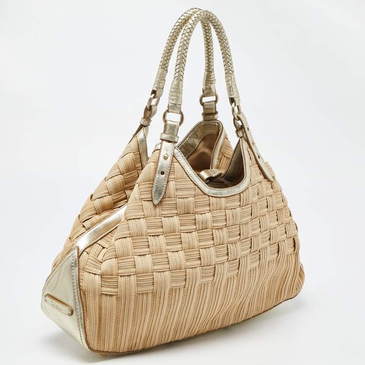 Pre Owned Cole Haan Beige/Gold Woven Canvas and Leather Satchel