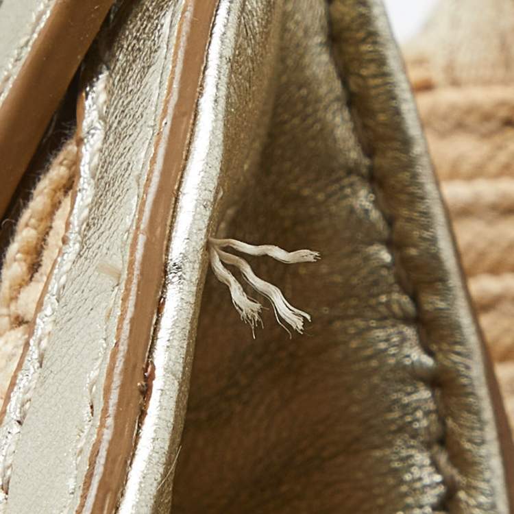 Pre Owned Cole Haan Beige/Gold Woven Canvas and Leather Satchel