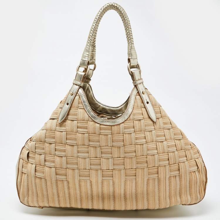 Pre Owned Cole Haan Beige/Gold Woven Canvas and Leather Satchel
