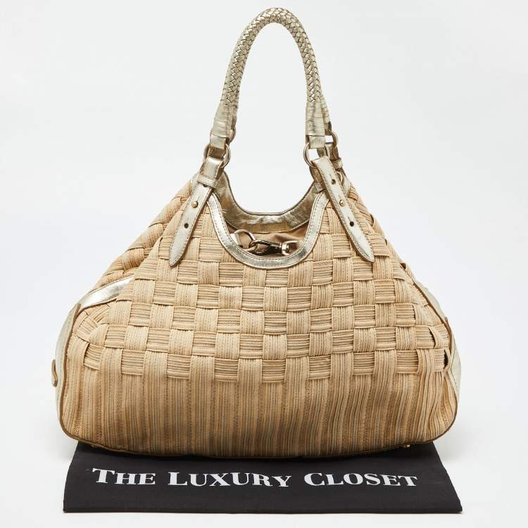 Pre Owned Cole Haan Beige/Gold Woven Canvas and Leather Satchel