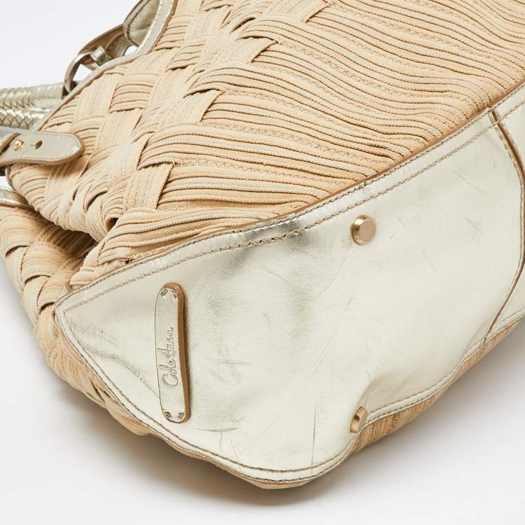 Pre Owned Cole Haan Beige/Gold Woven Canvas and Leather Satchel