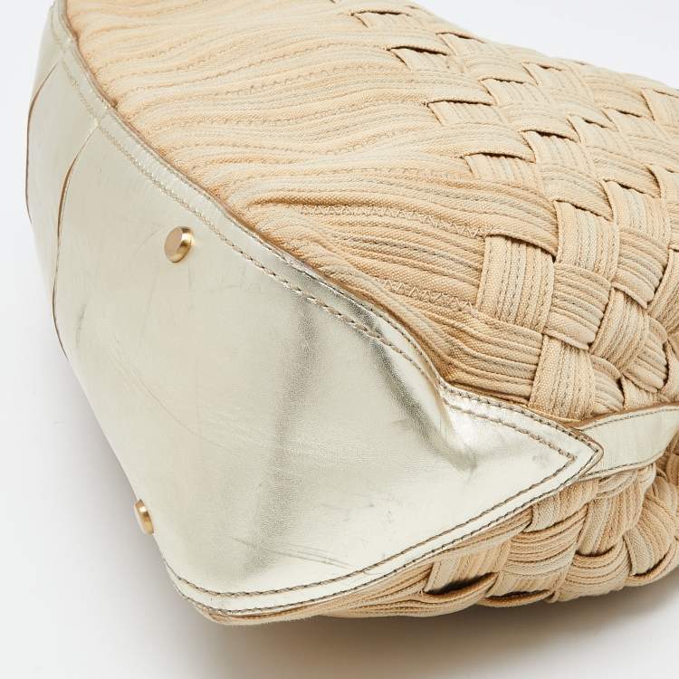 Pre Owned Cole Haan Beige/Gold Woven Canvas and Leather Satchel