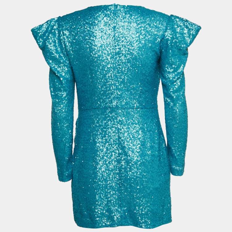 Pre Owned Collini Blue Sequin Draped Long Sleeve Mini Dress S