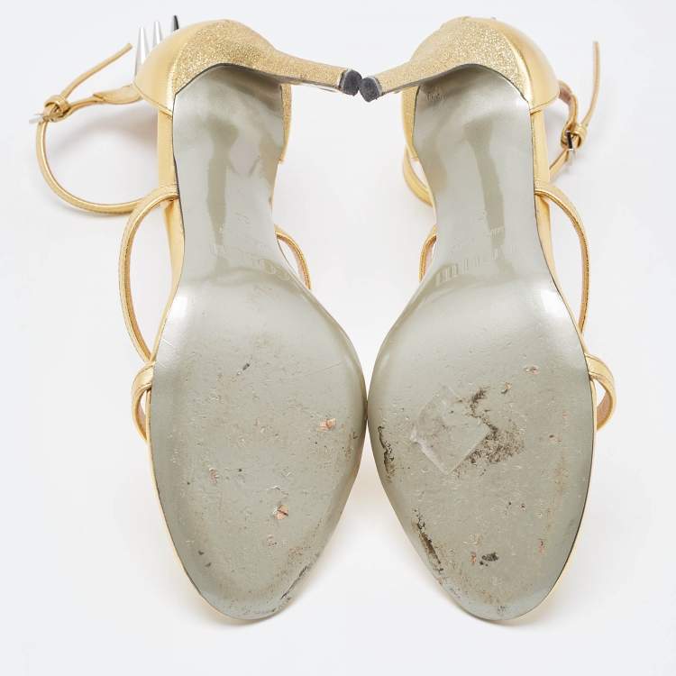 Pre Owned Collini Gold Leather And Glitter Spike Embellished Ankle Strap Sandal Size 39