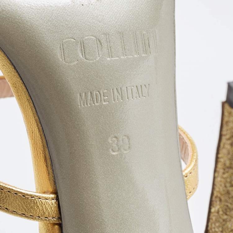 Pre Owned Collini Gold Leather And Glitter Spike Embellished Ankle Strap Sandal Size 39