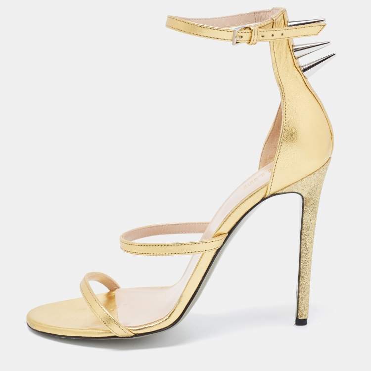 Pre Owned Collini Gold Leather And Glitter Spike Embellished Ankle Strap Sandal Size 39