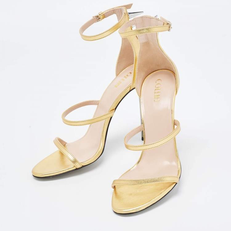 Pre Owned Collini Gold Leather And Glitter Spike Embellished Ankle Strap Sandal Size 39