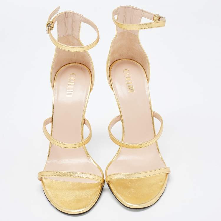 Pre Owned Collini Gold Leather And Glitter Spike Embellished Ankle Strap Sandal Size 39