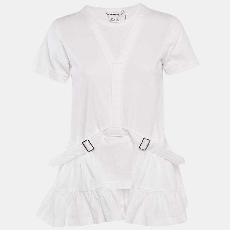 Pre Owned Comme des Garcons White Cotton and Cotton Knit Belt Detail Ruffled Top M