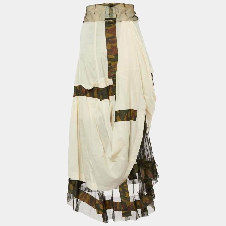 Pre Owned Comme des Garçons Cream Cotton & Military Printed Trim Detail Midi Skirt M