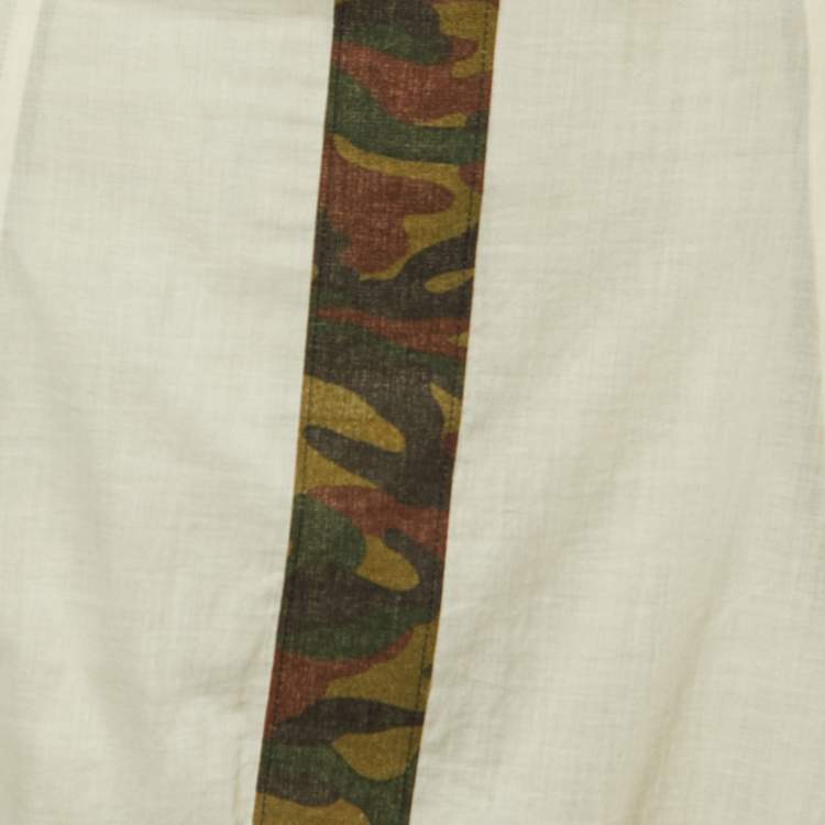 Pre Owned Comme des Garçons Cream Cotton & Military Printed Trim Detail Midi Skirt M