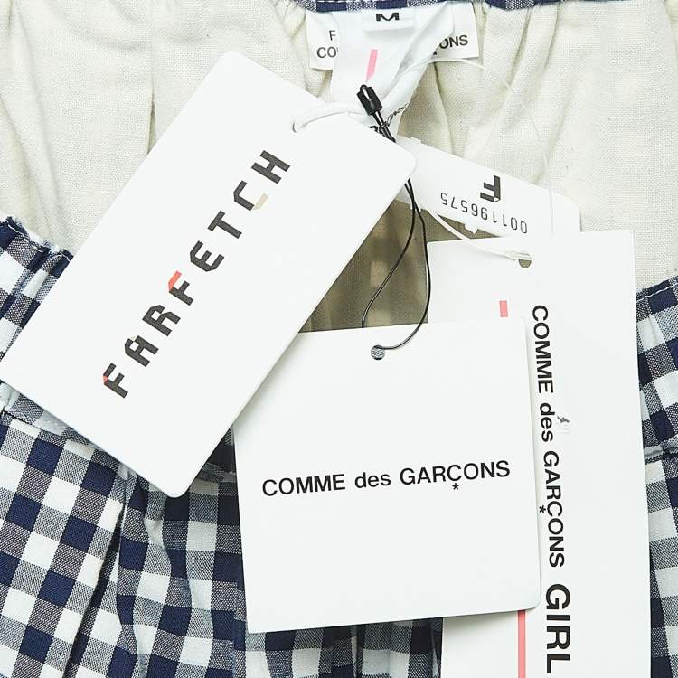 Pre Owned Comme des Garcons Navy Blue Checked Cotton Drawstring Midi Skirt M