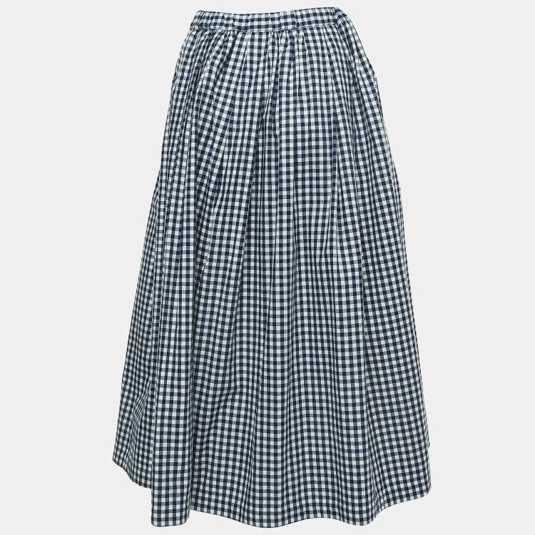 Pre Owned Comme des Garcons Navy Blue Checked Cotton Drawstring Midi Skirt M