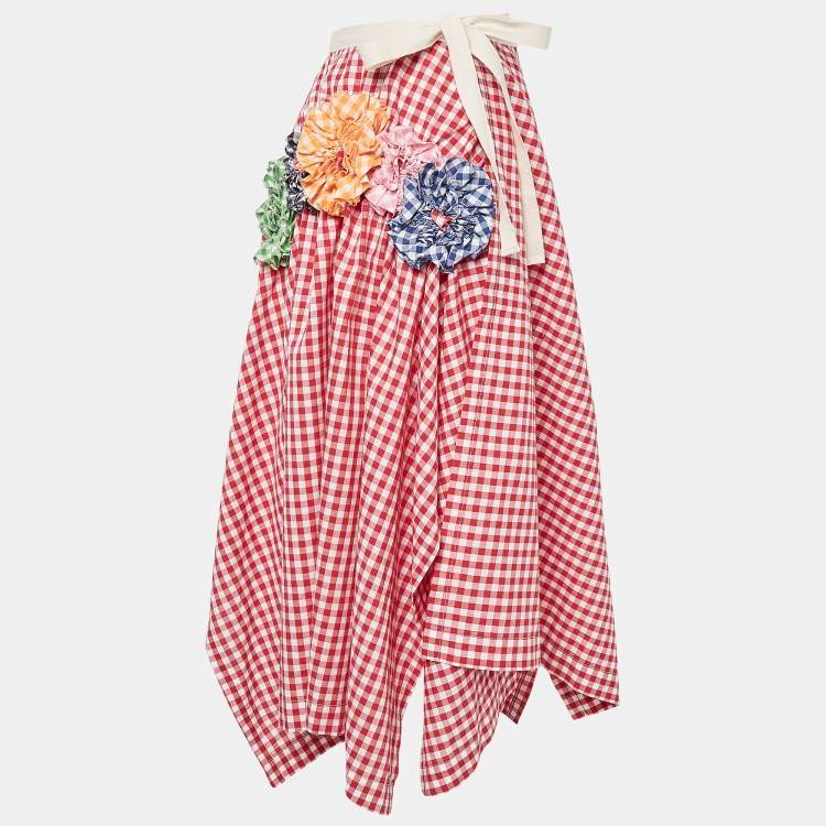 Pre Owned Comme des Garcons Red Floral Applique Gingham Cotton Asymmetric Wrap Skirt S