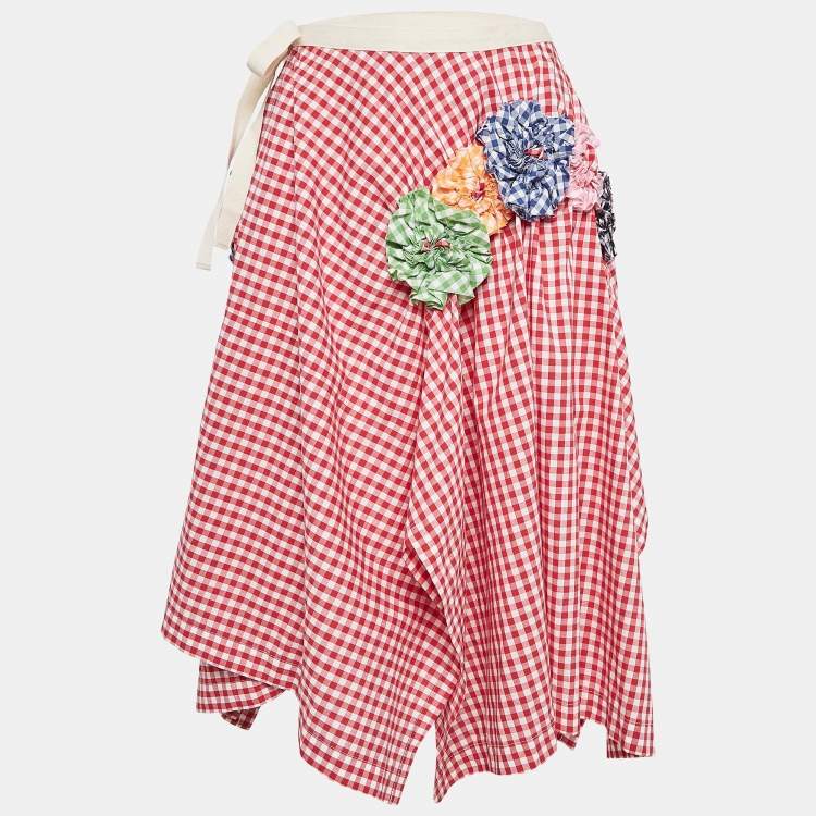 Pre Owned Comme des Garcons Red Floral Applique Gingham Cotton Asymmetric Wrap Skirt S