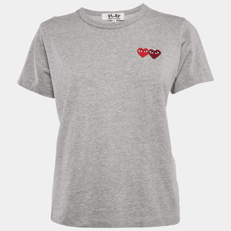 Pre Owned Comme des Garcons Play Grey Reverse Heart Embroidered Cotton T-Shirt L