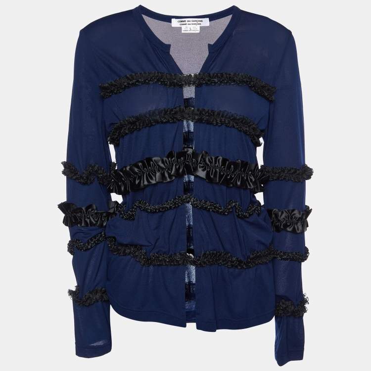 Pre Owned Comme des Garcons Navy Blue Jersey Frill Detail Cut Out Detail Top L