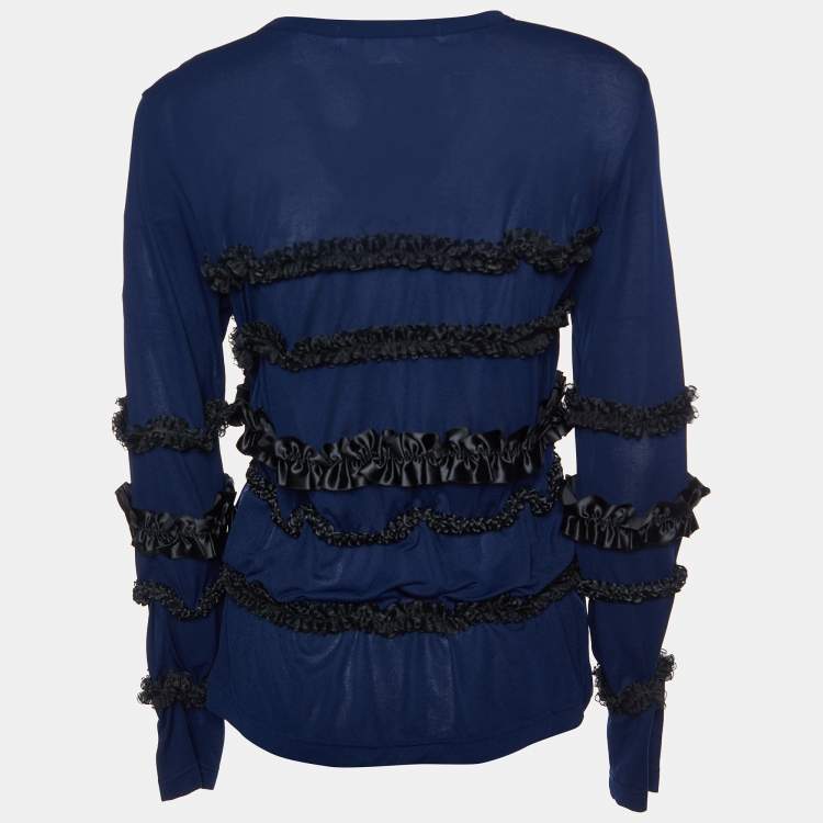 Pre Owned Comme des Garcons Navy Blue Jersey Frill Detail Cut Out Detail Top L