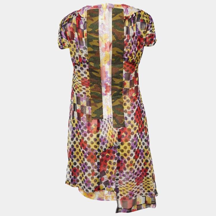 Pre Owned Comme Des Garçons Multicolor Printed Tulle & Silk Midi Dress M